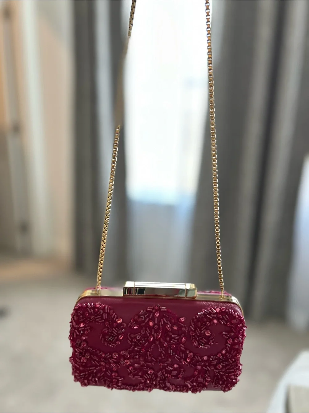 Elie Saab Pink Beaded Satin Minaudière with Gold Chain